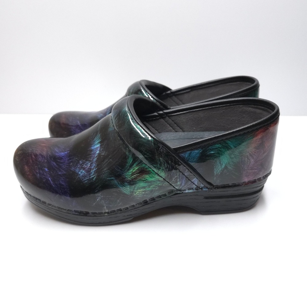 Dansko XP Clogs Patent Leather Women 39 Black Multi Feather Professional Nursing